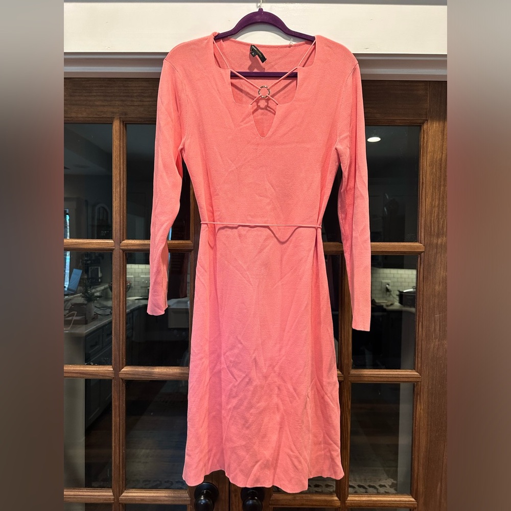 EUC BCBGMAXAZRIA Peachy Pink Sweater Dress Cutout Neck Detail w/ Tie at Waist - Picture 6 of 14